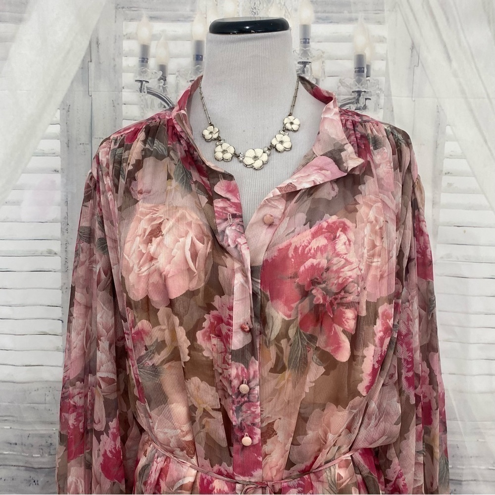 Alex Marie 24W Pink Purple Floral Long Puffed Sleeve Mock Neck Tiered Hem Dress - Picture 8 of 14